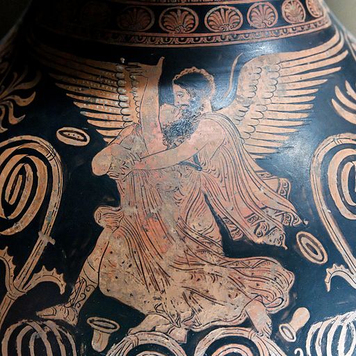 Boreás unáší princeznu Oreithyji. Tentokrát na keramice z konce klasické doby. Salting Painter, asi 360 před n. l. Louvre, K 35. Kredit: Jastrow, Wikimedia Commons.