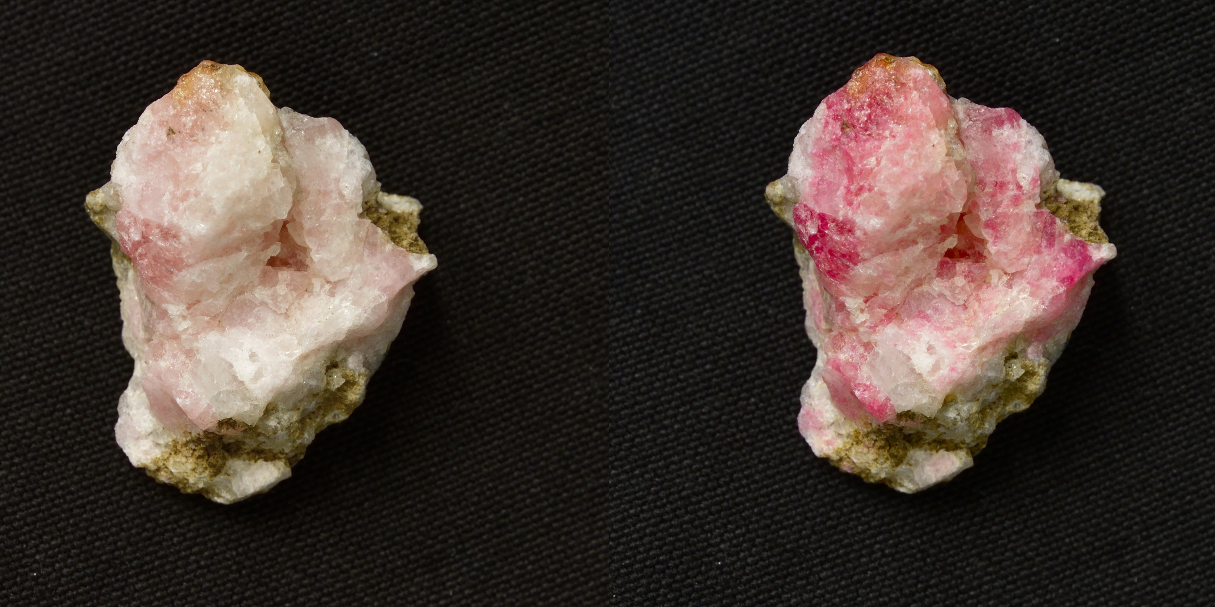 Vzácný minerál tugtupit patří do skupiny sodalitu. Vystaven UV záření se barví do růžova. Návrat zpět k bílé barvě trvá několik hodin, protože se atomy ve struktuře přesouvají na delší vzdálenosti. (Vzorek je z Grónska) Foto: Sami Vuori, University o