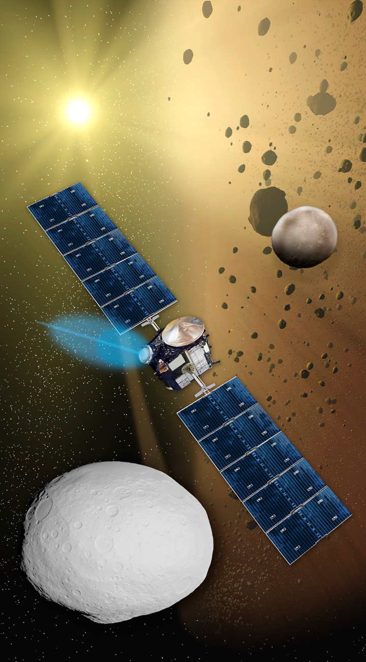 Umělecká představa sondy Dawn a práce jejího iontového motoru NSTAR (zdroj NASA).