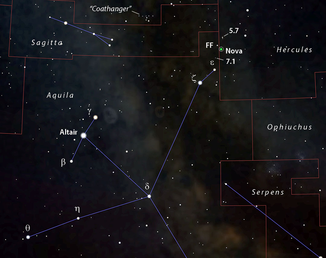 Nova Herculis 2021 krátce zazářila 12. 6. 2021 v souhvězdí Herkules poblíž hranice se souhvězdím Orla  Kredit: podklad Stellarium, úprava skyandtelescope.org/Bob King  https://skyandtelescope.org/author/robert-king-2/