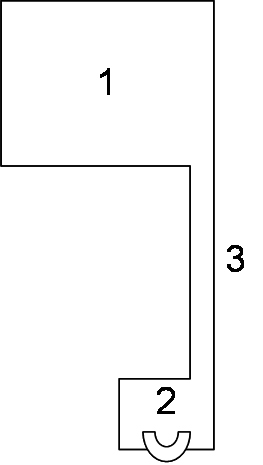 Příčný průřez, tedy profil tunelu. (1) hlavní tunel, (2) lože pro vodovodní potrubí, (3) svislý přístupový příkop. Kredit: FocalPoint, Wikimedia Commons. Licence CC 4.0.
