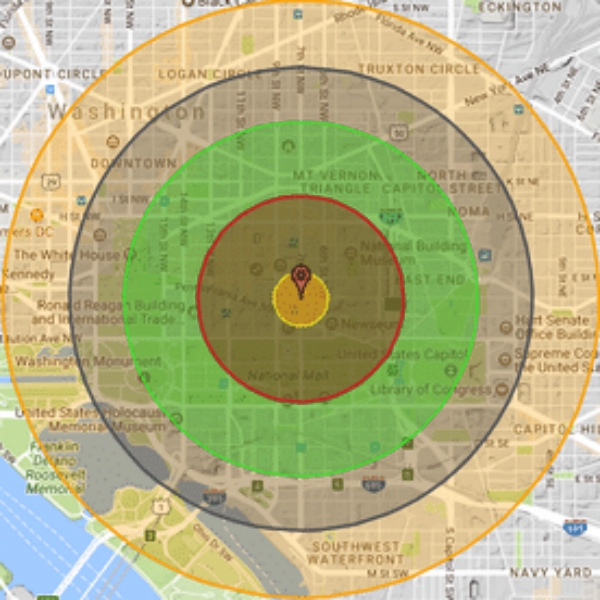 Zásah Washingtonu D. C. jadernou zbraní o síle 20 kilotun. Kredit: Nukemap.
