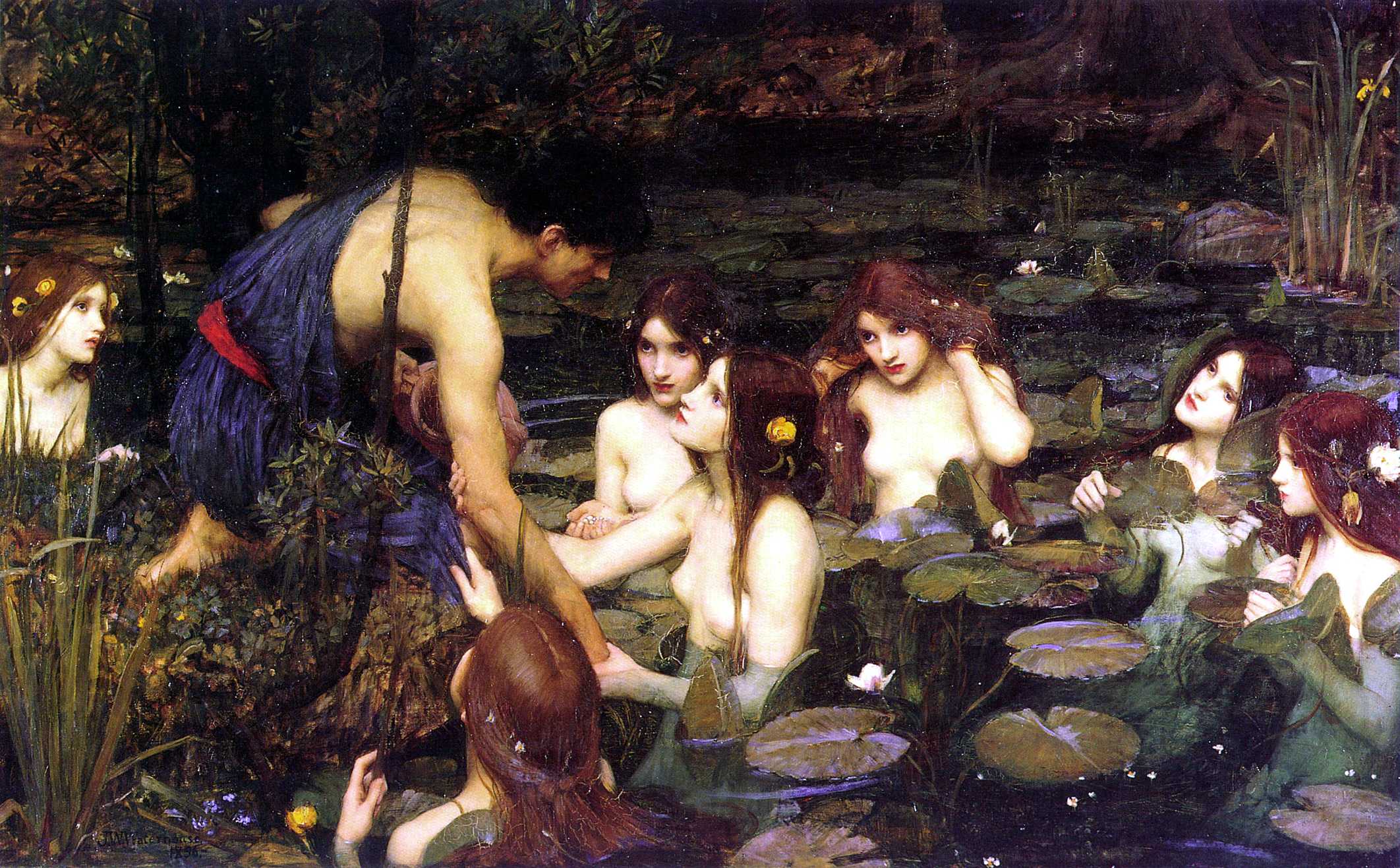 HylĂˇsÂ a nymfy.  Kredit: John William Waterhouse (1896),  Manchester Art Gallery