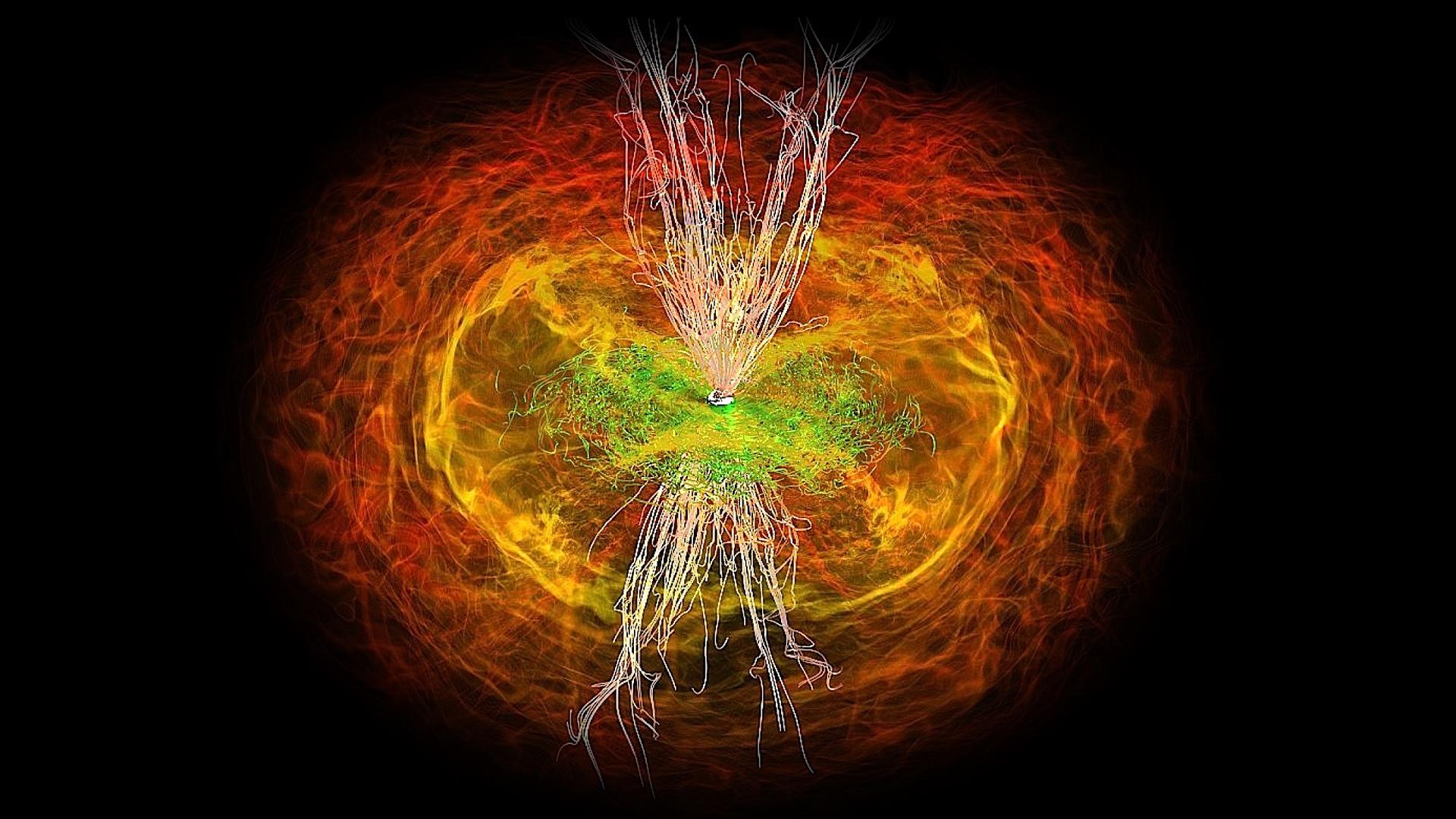 Simulace srážky neutronových hvězd. Kredit: L. Rezolla (AEI) & M. Koppitz (AEI & Zuse-Institut Berlin).
