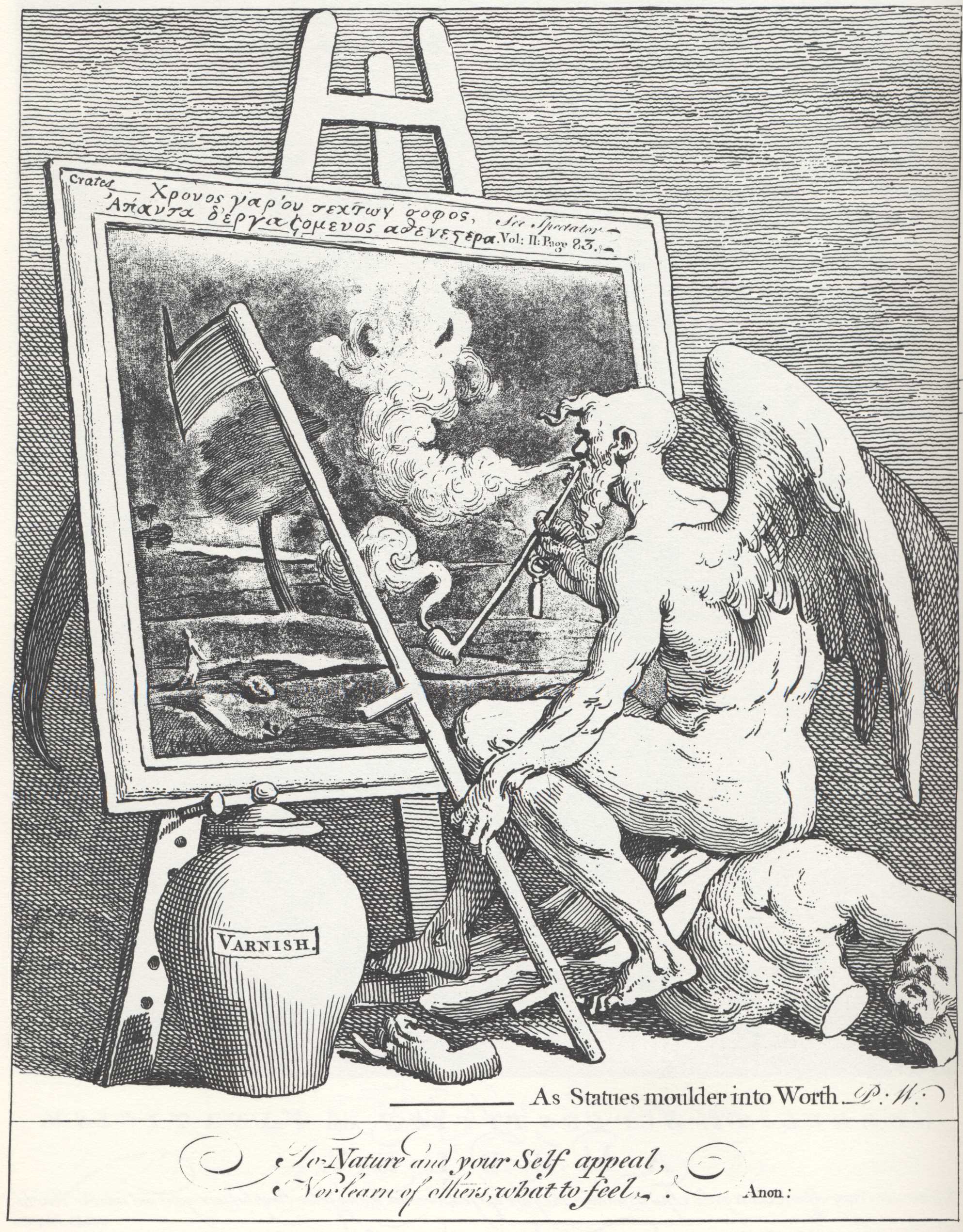 Zhruba od poloviny 14. století byl Chronos zobrazován jako vousatý starý muž se srpem či kosou a přesýpacími hodinami. Autorem této grafiky je William Hogarth  (1697–1764).  Kredit: Wikimedia Commons, volné dílo.