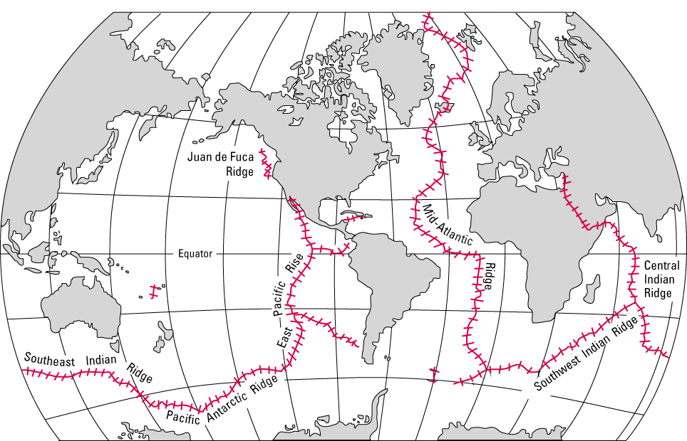Mapa rozmístění středooceánských hřbetů se současnou rozlohou kontinentů. Také tato místa mohou poskytnout vodítka k událostem z konce křídové periody. Kredit: USGS, Wikipedie (volné dílo)