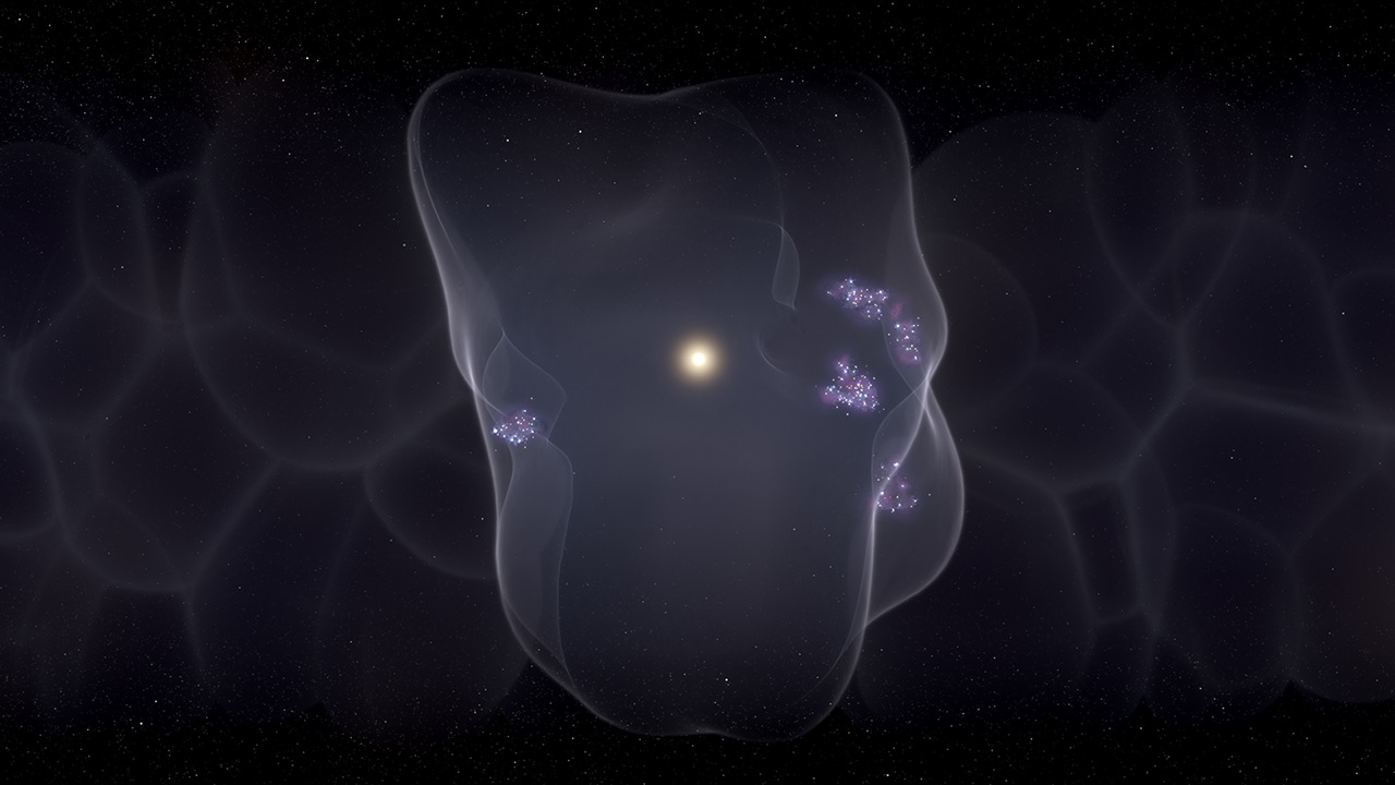 Umělecké zobrazení Místní bubliny, v jejíž obálce gravitačním kolapsem vznikla velká molekulární mračna - porodnice nových hvězd. Kredit: Hubblesite NASA.