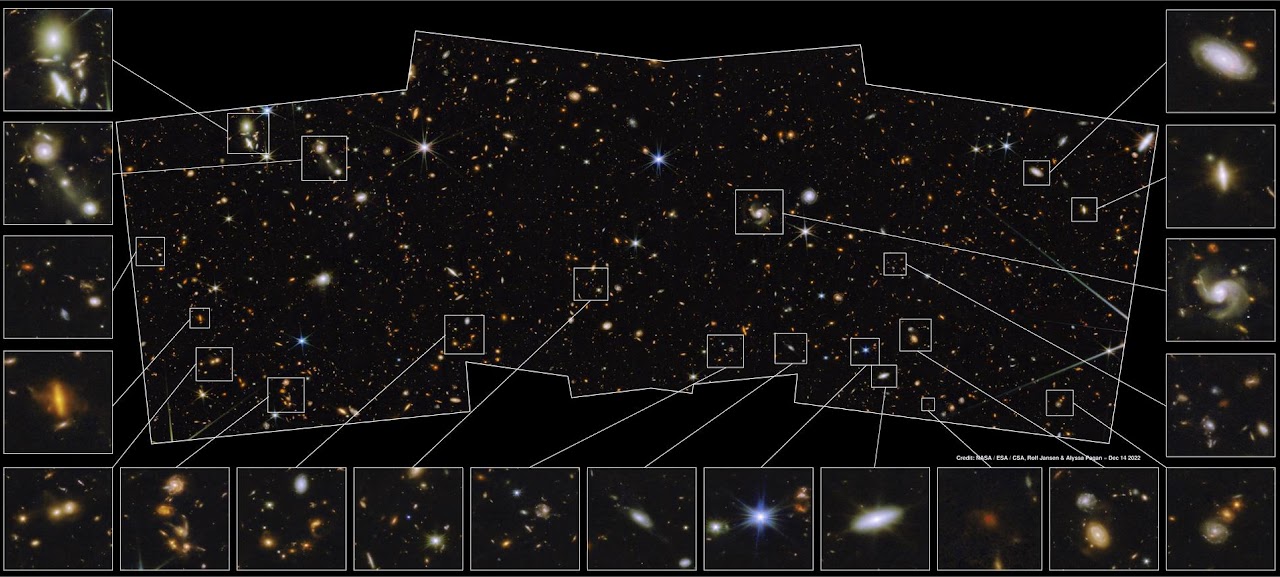 Směrem k severnímu pólu ekliptiky míří další pole pro studium velmi vzdálených galaxií. Jeho označení je JWST PEARLS (Prime Extragalactic Areas for Reionization and Lensing Science). (zdroj NASA).