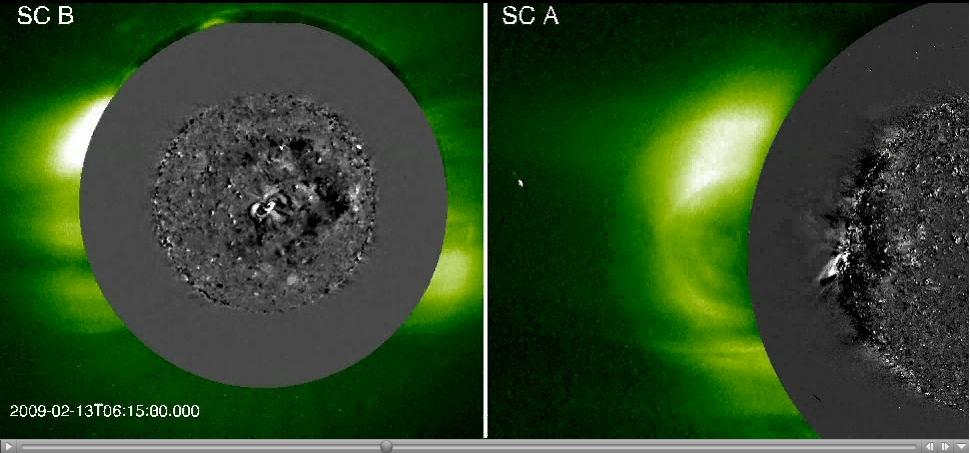Kliknutím na obrázek se spustí dvě souběžné animace sestavené ze snímků sond STEREO A a B. Jde o záznam sluneční erupce z únoru letošního roku, která vyvolala gigantické vlny – sluneční tsunami. Kredit: NASA/STEREO