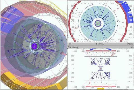 Sekvence několika pěkných srážek protonů zachycených experimentem ALICE 15. prosince 2009, v podobě jak jsou zobrazovány programem provádějícím průběžnou rekonstrukci drah částic (Kredit: Vasilij Kushpil).