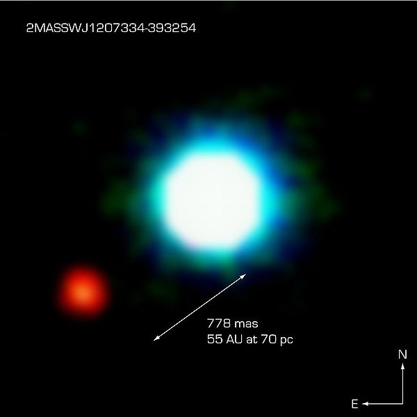 Hnědý trpaslík 2M1207 se svoji planetou. Kredit: ESO