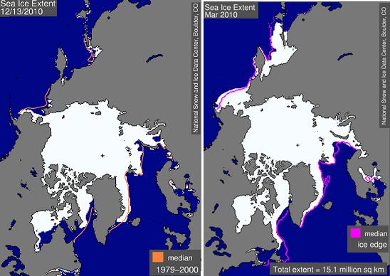 Aktuální rozloha mořského ledu v Arktidě (13. 12.  2010) a její letošní březnový průměr, kdy dosáhla maxima. Fialové obrysy označují příslušný průměr za období 1979 – 2000.